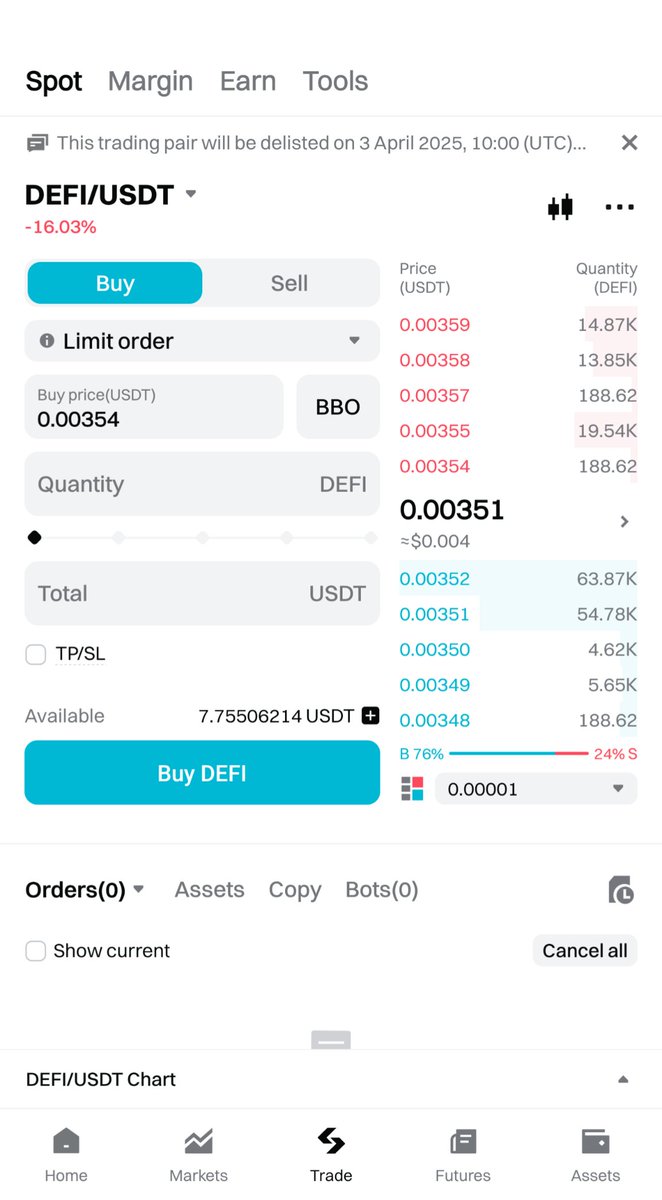 MergingPieces's tweet photo. #Bitget is delisting the DEFI/USDT Trading pair on the 3rd of April.
#DEFİ #DelistingAlert https://t.co/8z4Rx0bgo0