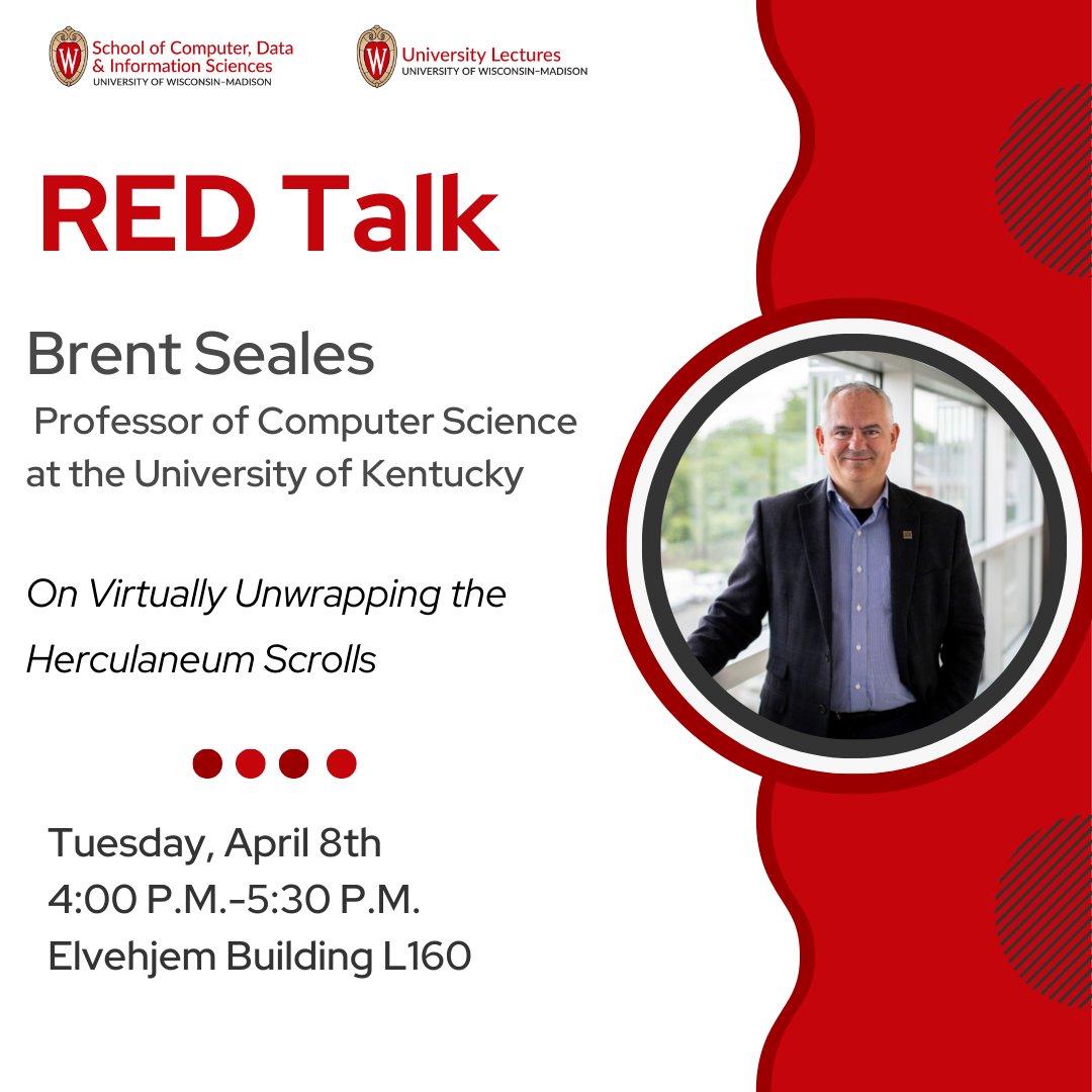 UW School of Computer, Data & Information Sciences (@uwcdis) on Twitter photo Unlocking history with AI! Join us as UW–Madison <a href="/WisconsinCS/">UW–Madison Computer Sciences</a> alum and <a href="/universityofky/">University of Kentucky</a> Professor Brent Seales shares how his groundbreaking virtual unwrapping technology.
📅 Date: Tuesday, April 8th
⏰ Time: 4:00-5:30 P.M.
📍 Location: Elvehjem L160
bit.ly/4bPTYf5 Unlocking history with AI! Join us as UW–Madison <a href="/WisconsinCS/">UW–Madison Computer Sciences</a> alum and <a href="/universityofky/">University of Kentucky</a> Professor Brent Seales shares how his groundbreaking virtual unwrapping technology.
📅 Date: Tuesday, April 8th
⏰ Time: 4:00-5:30 P.M.
📍 Location: Elvehjem L160
bit.ly/4bPTYf5