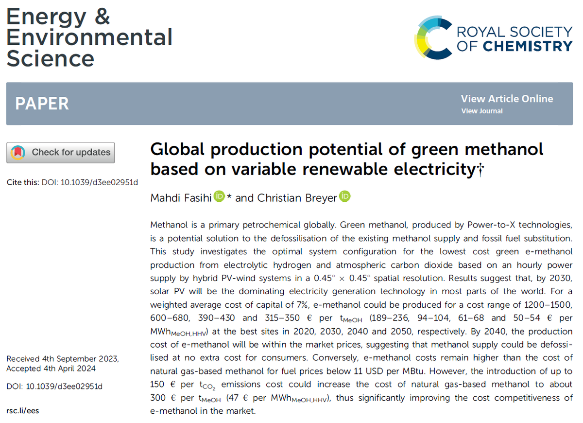 1/ A recent study by <a href="/UniLUT/">LUT University 🚀</a> explores the global potential cost and production volume of e-methanol for defossilisation of the chemical industry &amp; fossil fuel substitution. doi.org/10.1039/D3EE02…
#power-to-X #GreenMethanol with Podcast: youtube.com/watch?v=MSPc8Z…