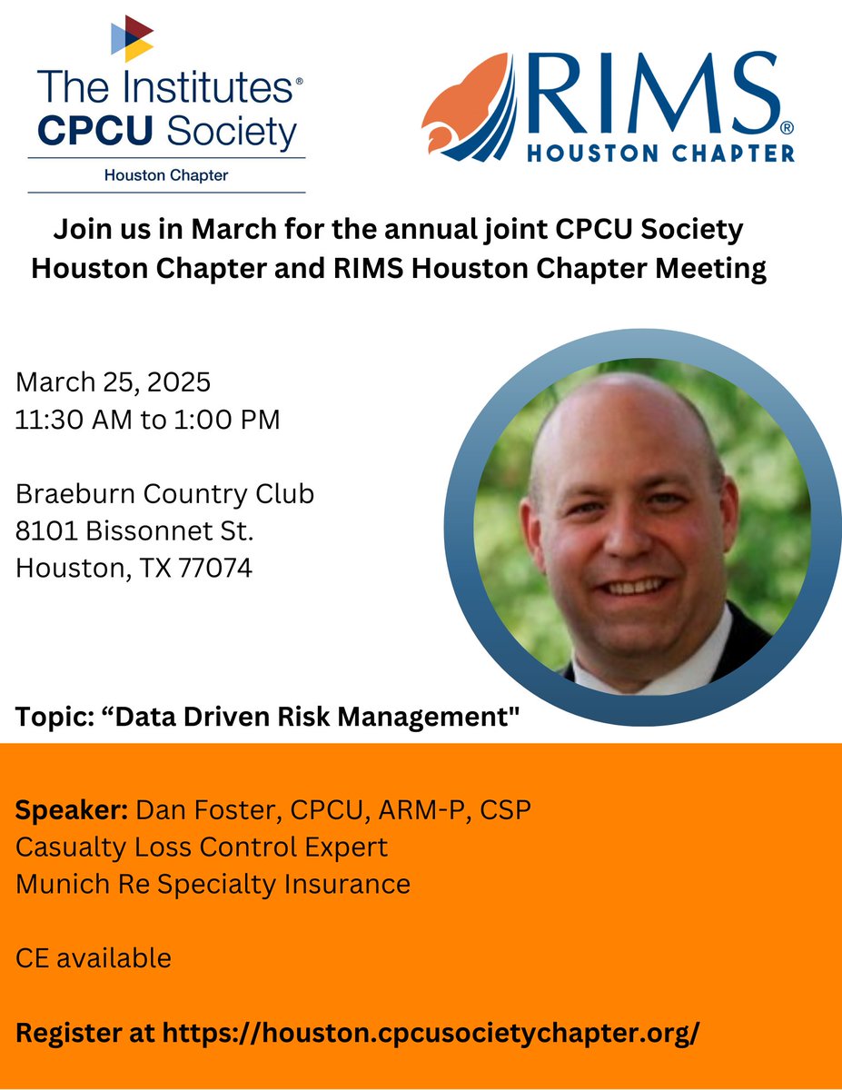 Please join us for our Annual meeting to network with Houston area Insurance and Risk Management Professionals   Registration Link
houston.cpcusocietychapter.org/meetinginfo.ph…