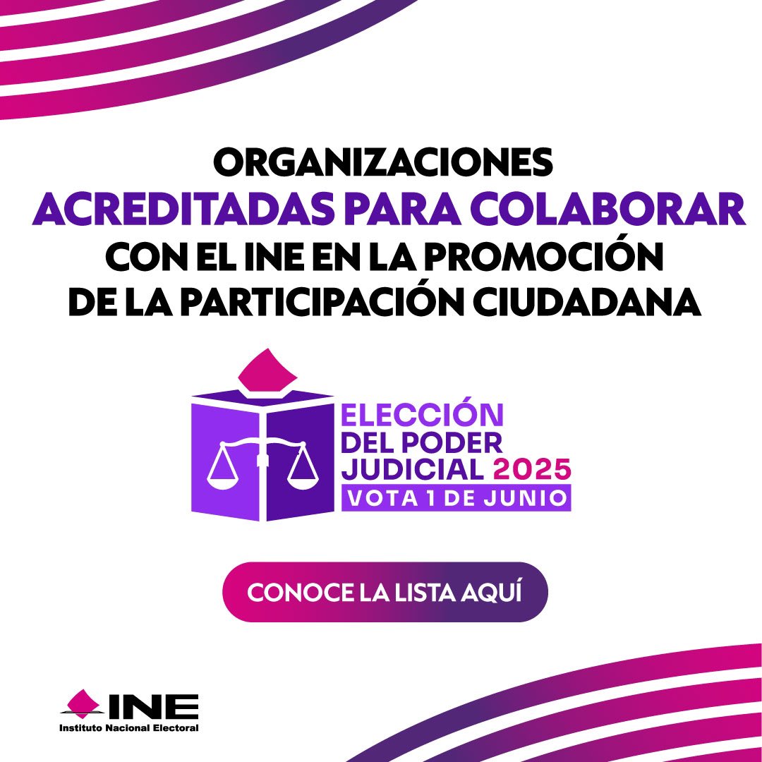 Te compartimos el listado de organizaciones acreditadas para colaborar con el INE en la Promoción de la Participación Ciudadana en el Proceso Electoral Judicial 2025. 
 
Entérate aquí 👉🔗 ine.mx/?p=332947
 
#ParticipaciónCiudadana2025 #PoderJudicial
