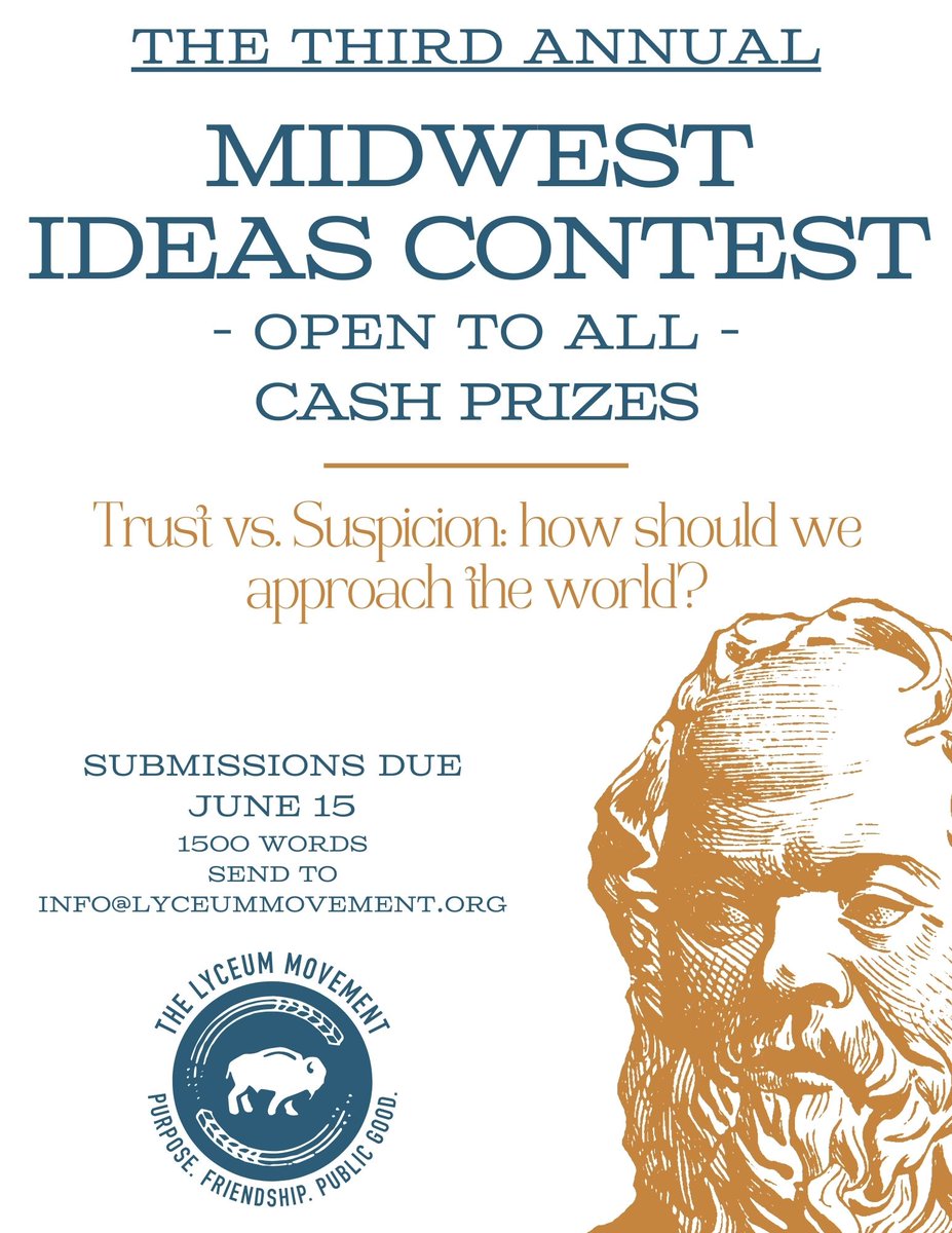 ANNOUNCING
The Third Annual Midwest Ideas Contest

Three finalists will receive cash prizes and present their essay at Tallgrass: The Des Moines Festival of Ideas, in August.

Throw your hat in the ring!
lyceummovement.org/midwest-ideas-…