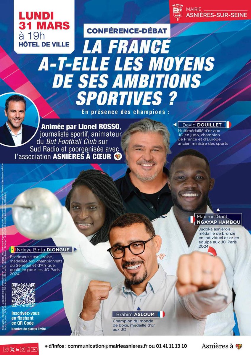 De grands champions olympiques présents pour débattre avec vous le 31 mars.
Entrée gratuite.
Réservation obligatoire. 
Venez nombreux.