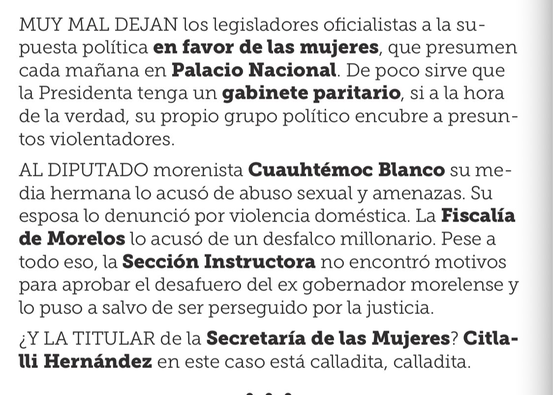 ¿Con qué cara dicen que “Es tiempo de mujeres” cuando no tocan ni con el pétalo de un desafuero a Cuauhtémoc Blanco?
¿Con qué cara argumentan que “llegamos todas” cuando dejan en el desamparo a su víctima?
¿Con qué cara afirman que son feministas cuando defienden sistemáticamente