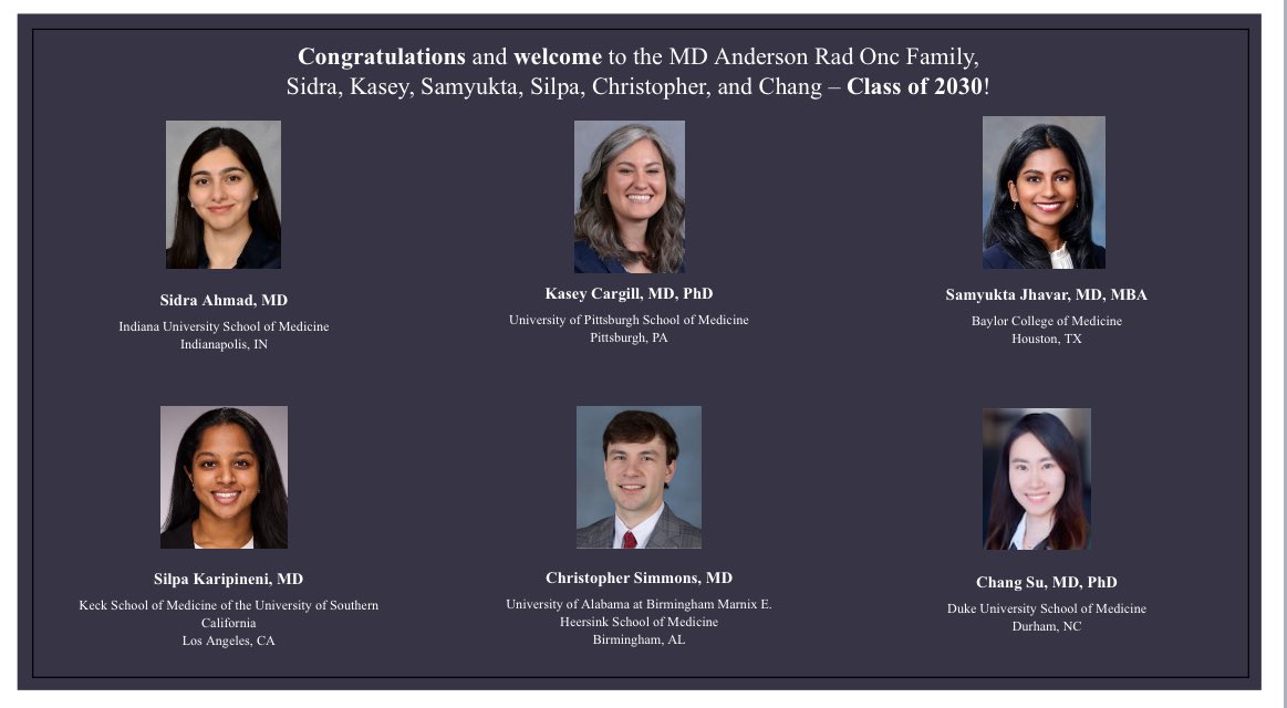 yogagirldd's tweet image. Happy #MatchDay‼️ Meet the @MDAndersonNews #RadOnc #residency #Classof2030 ☢️@ACKoongMDPhD @ChelseaPinnix @PrajnanDasMD @DrEmmaHolliday We are celebrating you, Sidra, Kasey, Samy, Christopher, and Chang! 🎉