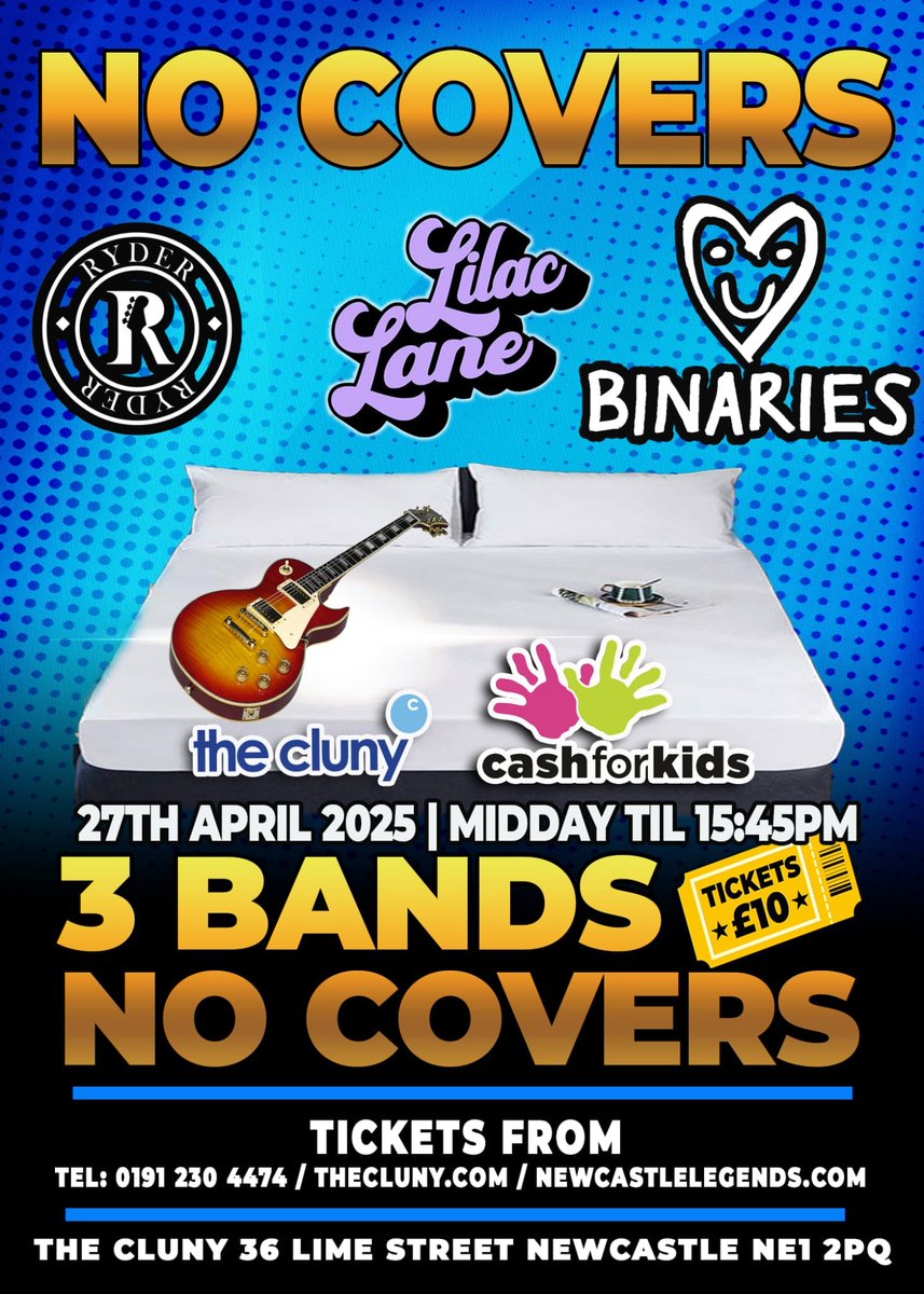 binariesband's tweet photo. 1) Like good music? 2) Dislike covers? 3) Have no plans on 27th April? If you answered yes to all three, get yourself along to the Cluny for our matinee performance at the inaugural No Covers gig, with Lilac Lane and Ryder. And no covers. Zero.

https://t.co/H1R7jOsHhS https://t.co/qEDYqpWBBN
