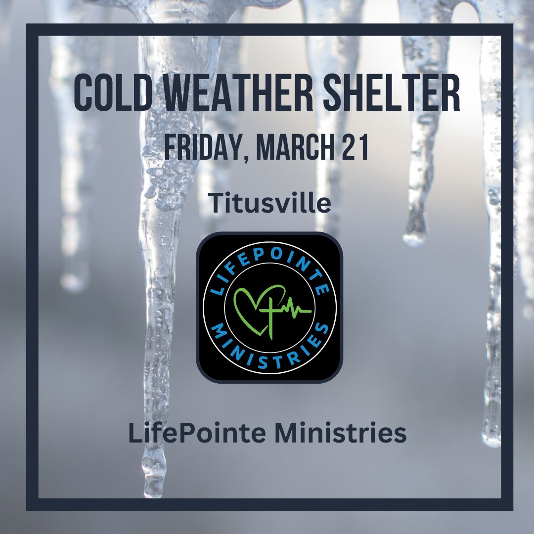 Based on the current forecast from <a href="/NWSMelbourne/">NWS Melbourne</a> tonight, March 21, our community partners will be opening a cold weather shelter.

Shelter information:
LifePointe Ministries - 4220 South Hopkins Avenue, Titusville. Opens at 5 PM, serving dinner &amp; breakfast.