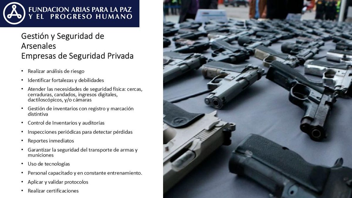 Panel 2: Seguridad y gestión de arsenales en empresas privadas
🔹 Control de inventarios-registro y marcación
🔹 Mecanismos de comunicación
🔹 Auditorías e inspecciones
🔹 Seguridad en el transporte
🔹Capacitación/certificaciones
Con participación de <a href="/sg_sica/">SICA - Sistema de la Integración Centroamericana</a> y @fundacionarias🇨🇷