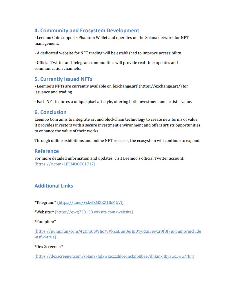 LEEMOO761717's tweet photo. Project plan for  $Leemoo. If you have any other questions, please use Telegram or 'X' DM! Beware of impersonation 

telegram - https://t.co/Gzcmgc9bhc
webside - https://t.co/9gWha43oPP
Pumpfun - 
https://t.co/IPFJMlMKhw
Dex Screener -  https://t.co/5ZSV471teh

#LEEMOO #Memecoin #Crypto #Blockchain #Solana #SolanaNFT #NFT #CryptoArt #DeFi #Raydium #DEX #ArtCoin #DragonCoin #PumpFun #MemeCoinChina #DigitalArt #CryptoCommunity #NFTCommunity #SolanaEcosystem #BlockchainTechnology #CryptoInvestment #SolanaNetwork #RaydiumSwap #DeFiRevolution #BlockchainArt #DragonNFT #CryptoWithDragon #SolanaTraders #CryptoFun #NFTCreatorsCommunity