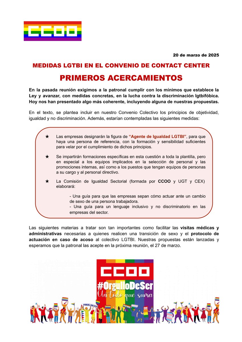 🆕Acercamiento de la patronal CEX a las posiciones de la parte social.

Paso a paso, no se vayan a estresar.

#medidaslgtbi #ConvenioColectivo #ConvenioContact #ContactCenter #25AñosGenerandoDerechos