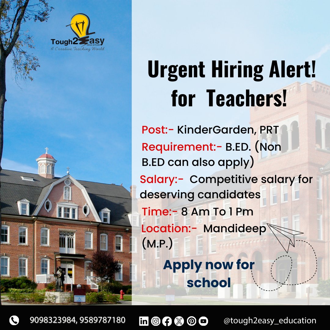 tough2easy's tweet photo. Looking for teacher jobs near you? Tough2Easy Education is hiring for top schools in Bhopal and Mandideep!
📞 Contact Now: 9098323984, 9589787180
🚀 Apply Today &amp; Start Your Teaching Career!
l  #TeacherJobs  #MathTeacherJobs #EducationCareers #CBSEJobs #PrivateSchoolJobs #BhopalJ https://t.co/zc0WUVT4cl