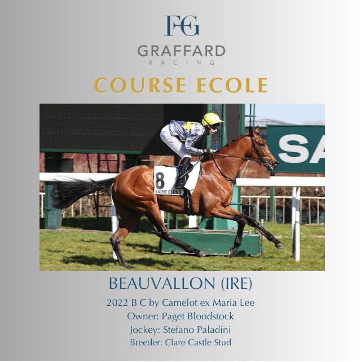 ClareCastleStud's tweet photo. Francois Graffard trained
Beauvallon
(3yr C Camelot - Maria Lee) 
winner of trial race at Saint Cloud today for owner breeders  Paget Bloodstock /Clare Castle Stud https://t.co/9PnboPXgRp