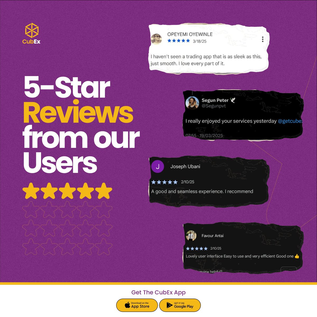 getcubex's tweet photo. Here's what CubEX app users have to say🔥
Still not trading with CubEX??? 👀
Kindly visit https://t.co/HpF4VDrO3p to get started using CubEX today!
#AppReviews #Crypto #Testimonials #Web3 https://t.co/0OwuXcPSi5