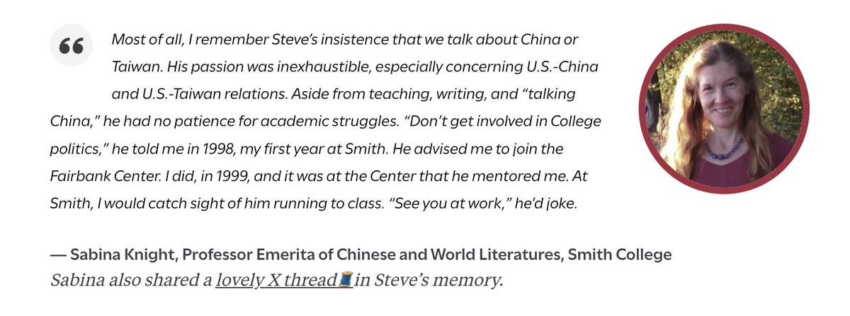 Sabina Knight 桑稟华 (@sabinaknight1) on Twitter photo <a href="/FairbankCenter/">Fairbank Center, Harvard University</a> “I remember Steve’s insistence that we talk about #China or #Taiwan. . . . Aside from . . . 'talking China,' he had no patience for academic struggles. . . . He advised me to join the <a href="/FairbankCenter/">Fairbank Center, Harvard University</a>. . . . and it was at the Center that he mentored me.” <a href="/SabinaKnight1/">Sabina Knight 桑稟华</a> <a href="/FairbankCenter/">Fairbank Center, Harvard University</a> “I remember Steve’s insistence that we talk about #China or #Taiwan. . . . Aside from . . . 'talking China,' he had no patience for academic struggles. . . . He advised me to join the <a href="/FairbankCenter/">Fairbank Center, Harvard University</a>. . . . and it was at the Center that he mentored me.” <a href="/SabinaKnight1/">Sabina Knight 桑稟华</a>