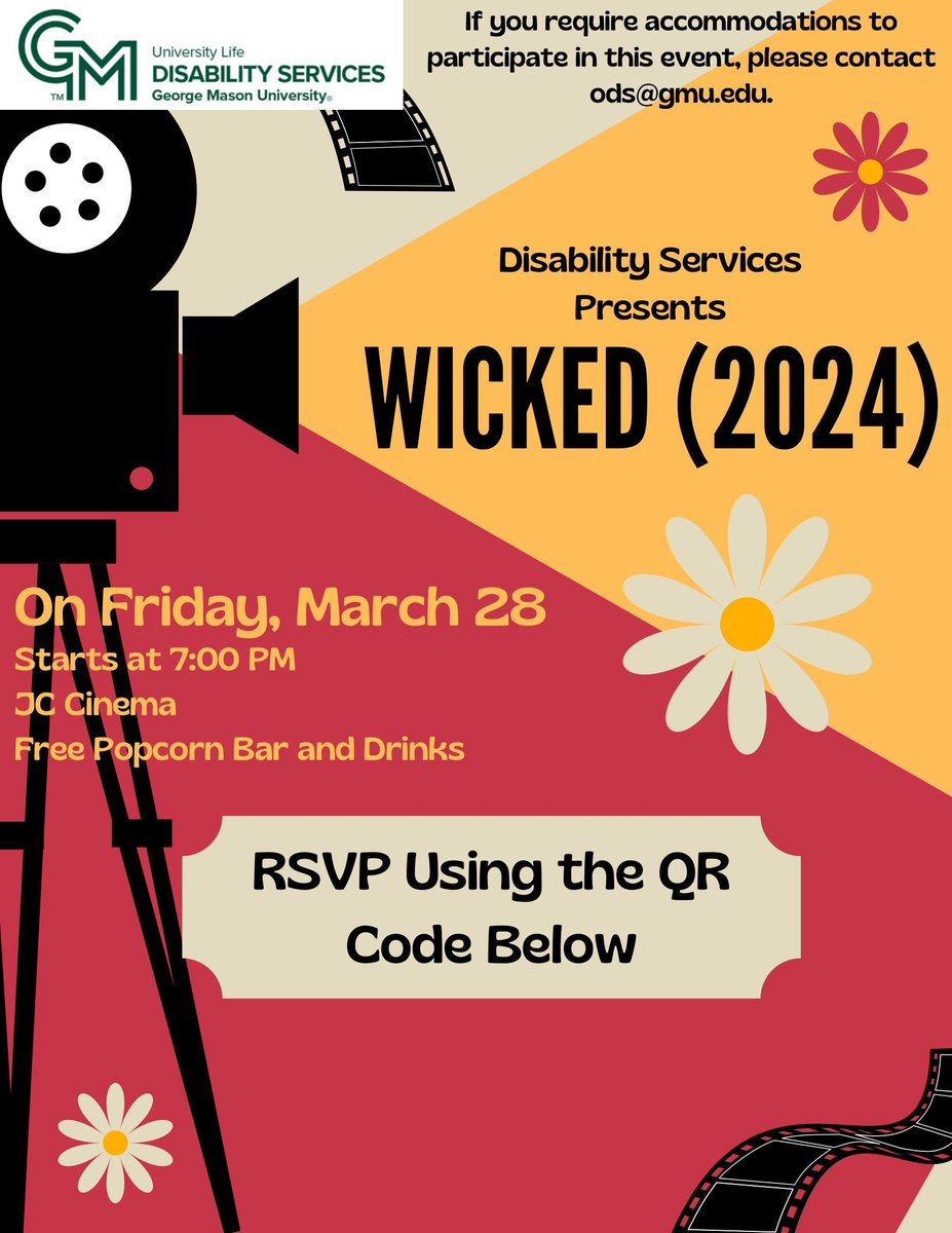 ✨💚 Something WICKED this way comes! 💚✨

Join Disability Services for a spellbinding movie night featuring Wicked (2024)! 🎶🧹

📅 Friday, March 28
⏰ 7:00 PM
📍 JC Cinema
🍿 Free Popcorn Bar &amp; Drinks

Sign Up on Mason360!
mason360.gmu.edu/ods/rsvp_boot?…