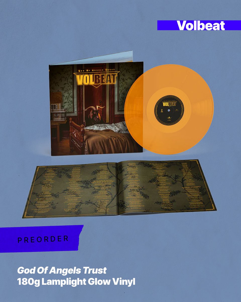 umusic's tweet image. Danish #rock band #Volbeat 's upcoming ninth studio album 'God Of Angels Trust' is available to preorder on our store in a 180g Lamplight Glow Vinyl 🏮

🟠 l8r.it/unt3