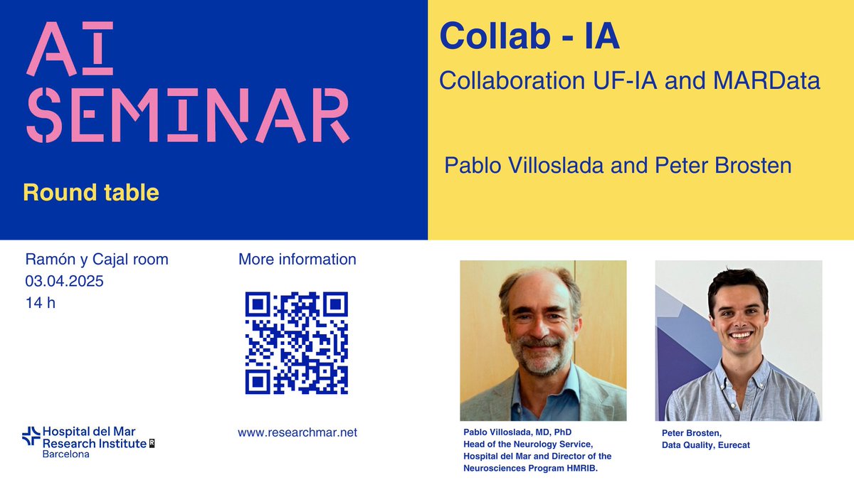 Introducing #CollabIA, the new #AI seminar series by <a href="/hospitaldelmar/">Hospital del Mar</a> - <a href="/HMar_research/">HMar Research Institute</a>

A space to share knowledge, explore innovative methodologies, and connect data, technology, and clinical practice

🗓️ April 3rd ⏰2 PM 📍Ramon y Cajal Room
🔗 researchmar.net/agenda/937

#MARData