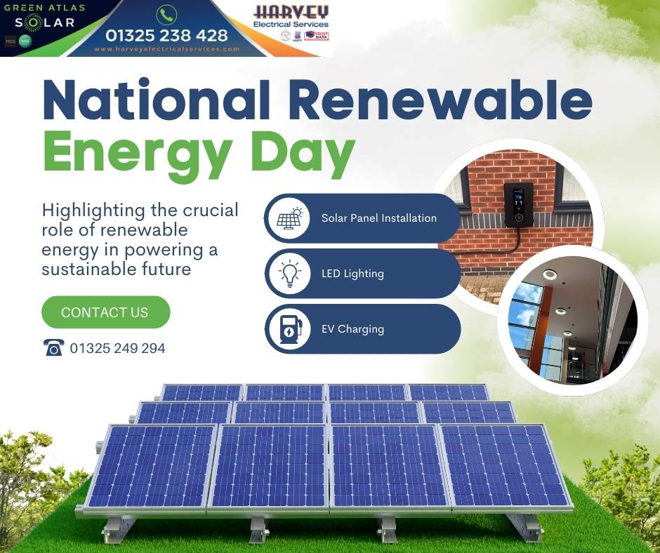 Today is #NationalRenewableEnergyDay 🌱

How can you help build this greener future with the help of HES?

☀️ Solar panels
💡 LED lighting
⚡️ EV charging

Call 01325 249294 or visit harveyelectricalservices.com to take the first step toward a more sustainable future!
