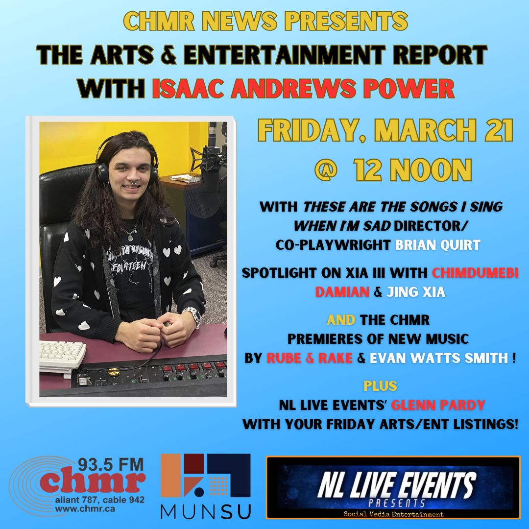 CHMR News Department (@chmrnews) on Twitter photo Coming up TODAY at noon on <a href="/chmrmunradio/">CHMR</a> w/ #IsaacAndrewsPower !!! w/ brand new music from <a href="/rubeandrake/">rubeandrake</a> #XIAIII #EvanwattsSmith <a href="/_MusicNL_/">MusicNL</a> <a href="/MUNSU35/">MUNSU</a> <a href="/MemorialU/">Memorial University</a> <a href="/NLLiveEvents/">NL Live Events</a> <a href="/MemorialResLife/">Memorial University Res Life</a> <a href="/Memorial_INTL/">MUN International</a> <a href="/MemorialUAlumni/">Memorial University Alumni</a> Coming up TODAY at noon on <a href="/chmrmunradio/">CHMR</a> w/ #IsaacAndrewsPower !!! w/ brand new music from <a href="/rubeandrake/">rubeandrake</a> #XIAIII #EvanwattsSmith <a href="/_MusicNL_/">MusicNL</a> <a href="/MUNSU35/">MUNSU</a> <a href="/MemorialU/">Memorial University</a> <a href="/NLLiveEvents/">NL Live Events</a> <a href="/MemorialResLife/">Memorial University Res Life</a> <a href="/Memorial_INTL/">MUN International</a> <a href="/MemorialUAlumni/">Memorial University Alumni</a>