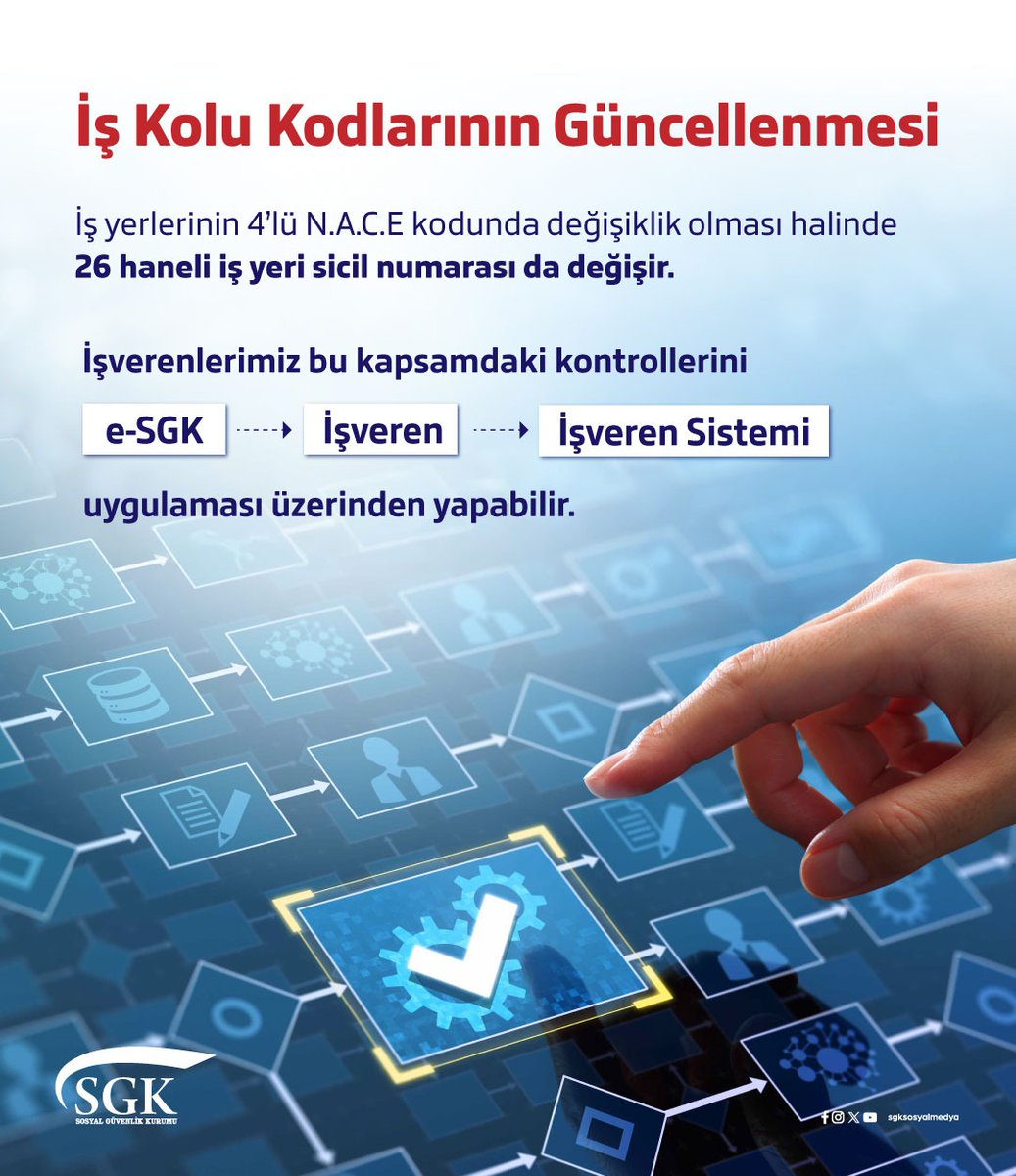 İş yerlerinin 4’lü N.A.C.E kodunda değişiklik olması halinde kontrolleri e-SGK üzerinden yapılabilir.