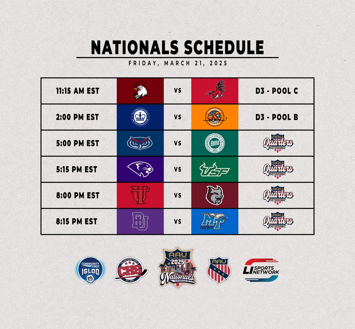 𝐍𝐚𝐭𝐢𝐨𝐧𝐚𝐥𝐬 𝐃𝐚𝐲 4️⃣

Division 3 has arrived and 4 CHS teams are in the D2 Quarterfinals! Follow along this week here: collegehockeysouth.com/post/aau-colle…