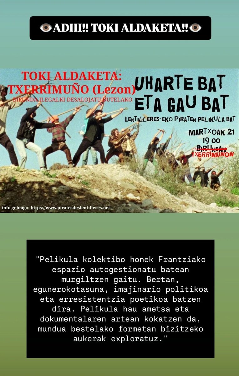 Birundaren desalojoa dela eta "Uharte bat eta gau bat" filma Lezoko Txerrimuñon proiektatuko da.

Hemen informazio gehiago 👇🏽
irutxulo.hitza.eus/2025/03/19/bir…