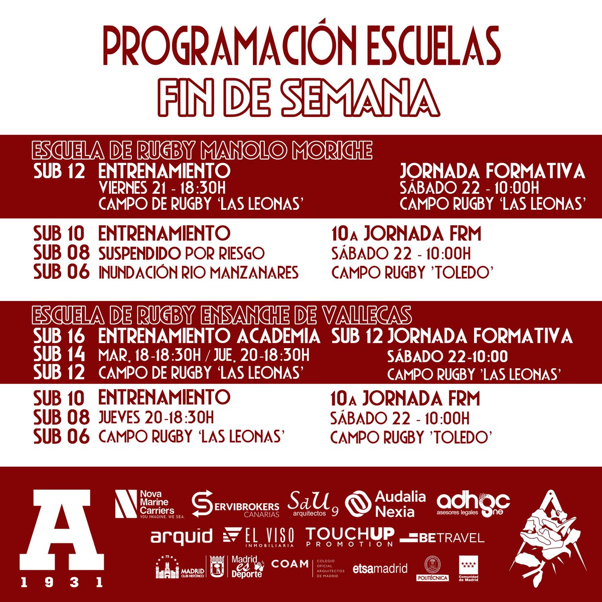 Club Deportivo Arquitectura (@cdarquitectura) on Twitter photo 📢PROGRAMACIÓN FIN DE SEMANA🏉
¡Aúpa Escuela!🌹
#cda #arquitecturaugby #rugbymadrid #NuestroRugby
<a href="/ferugby/">España Rugby</a>
<a href="/RugbyMadrid/">Federación de Rugby de Madrid</a>
<a href="/ComunidadMadrid/">Comunidad de Madrid</a>
<a href="/MADRID/">Ayuntamiento Madrid</a>
<a href="/JMDvivallecas/">Villa de Vallecas</a>
<a href="/La_UPM/">Universidad Politécnica de Madrid</a>
<a href="/ETSAMadrid/">ETSAM</a>
<a href="/COAMadrid/">COAM</a> 📢PROGRAMACIÓN FIN DE SEMANA🏉
¡Aúpa Escuela!🌹
#cda #arquitecturaugby #rugbymadrid #NuestroRugby
<a href="/ferugby/">España Rugby</a>
<a href="/RugbyMadrid/">Federación de Rugby de Madrid</a>
<a href="/ComunidadMadrid/">Comunidad de Madrid</a>
<a href="/MADRID/">Ayuntamiento Madrid</a>
<a href="/JMDvivallecas/">Villa de Vallecas</a>
<a href="/La_UPM/">Universidad Politécnica de Madrid</a>
<a href="/ETSAMadrid/">ETSAM</a>
<a href="/COAMadrid/">COAM</a>