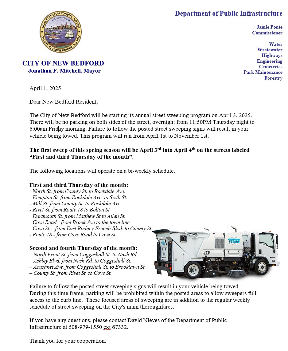 The City's annual overnight street sweeping program begins overnight April 3rd into April 4th.