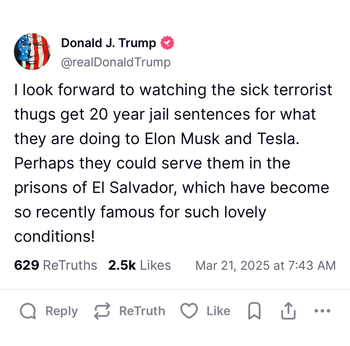 lbarronlopez's tweet image. President Trump is floating sending American citizens to El Salvador’s mega prison. DOJ has charged 3 individuals for Tesla attacks