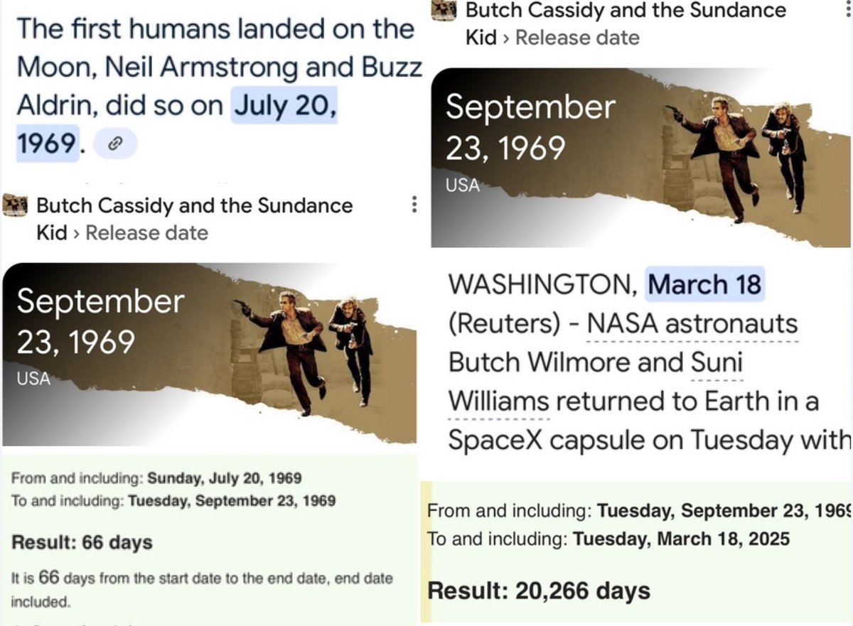 JacobIsrael71's tweet photo. Did you know BUTCH CASSIDY and the SUNDANCE kid (Bank Robber Movie) was released 66 days after the Moon Landing. and the SpaceX NASA Astronaut Return of BUTCH and SUNi happened exactly 20266 days after that (Heist Movie)! 🤦‍♂️Are we being robbed and laughed at or just coincidence? 🧵 ⬇️