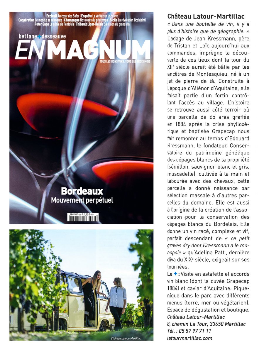 Château Latour-Martillac dans le dernier "En Magnum" de Bettane+Desseauve, qui met en lumière dans son "Dossier Bordeaux / douce France" les adresses incontournables et les expériences de visites insolites à découvrir dans la région des Graves.
[n°39 - page 77]