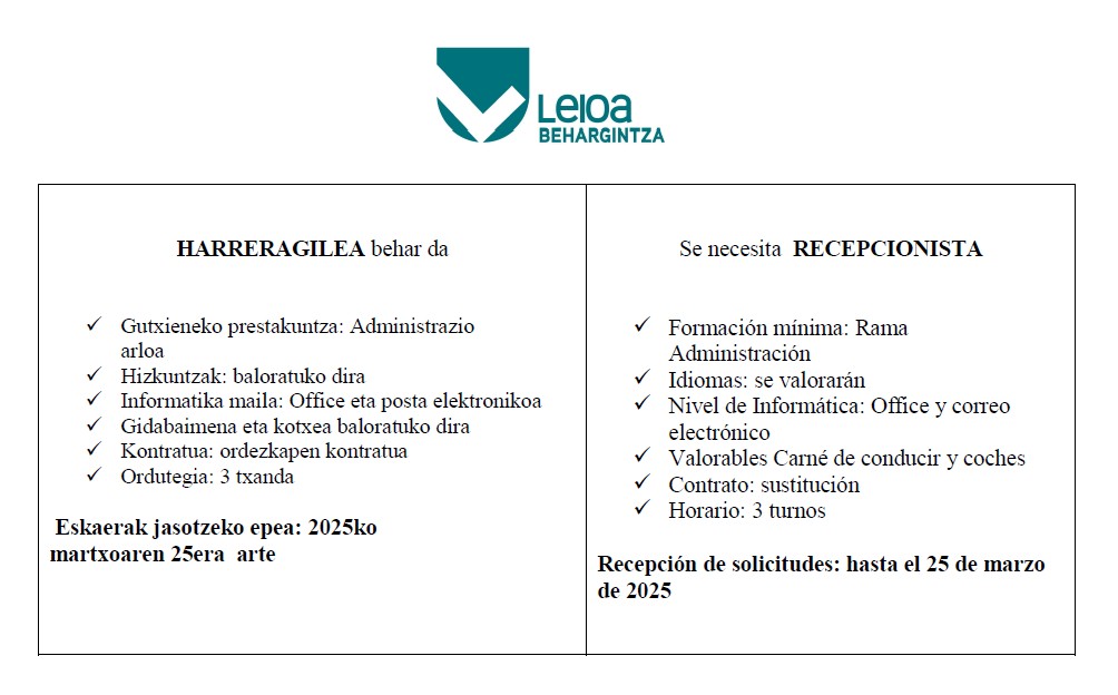 LAN ESKAINTZA. Bidali CV a behargintza@leioa.eus edo apunta zaitez gure web orrian behargintzaleioa.net
OFERTA EMPLEO: Manda tu CV a behargintza@leioa.eus o apúntate en nuestra web behargintzaleioa.net
#laneskaintza #lana #ofertadetrabajo #oferta #trabajo #behargintzaleioa