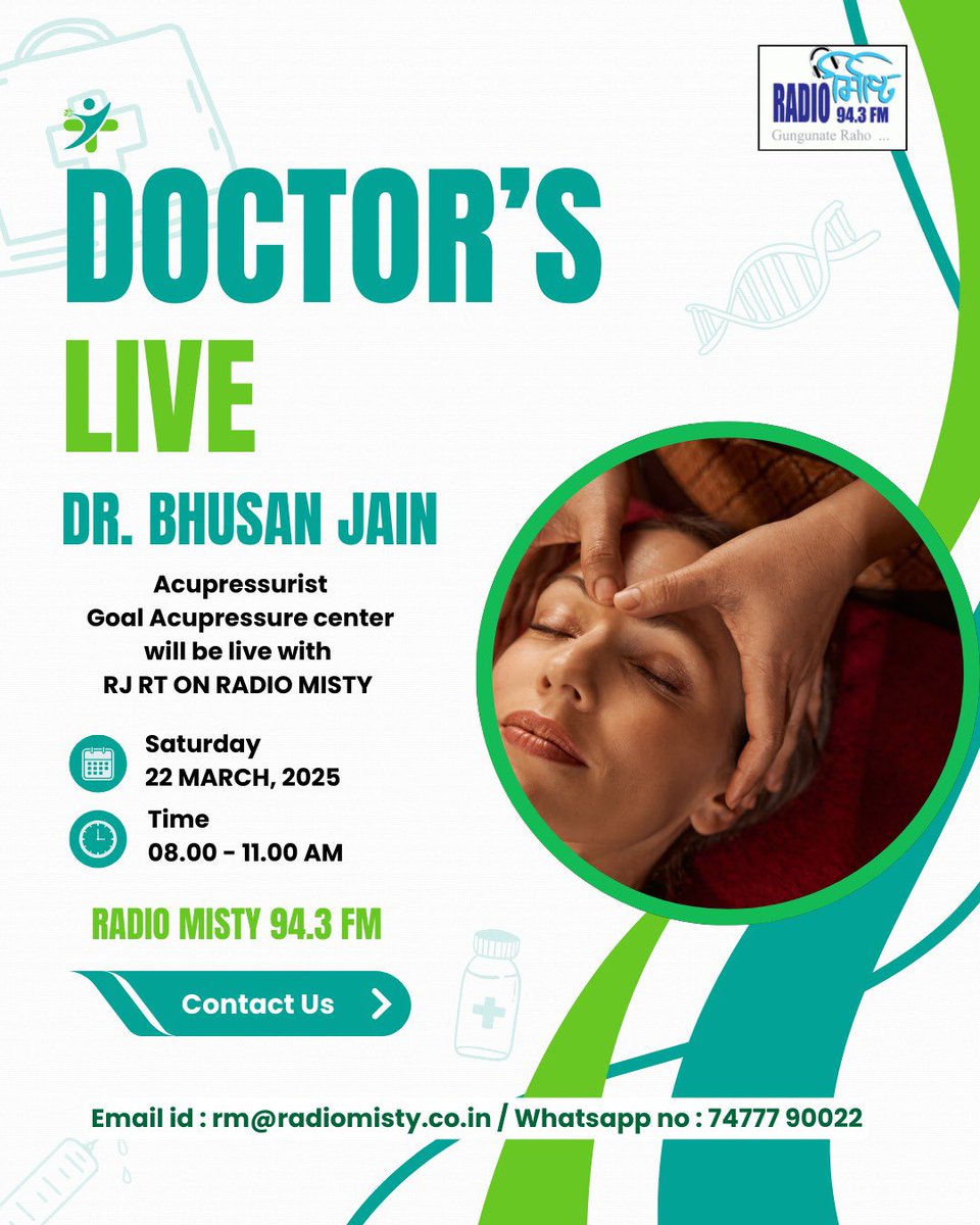 radiomisty943's tweet image. DR.Bhusan Jain ( Acupressurist ) Goal Acupressure Center will be live in Misty Subha with RJ DT this Saturday , 8 pm onwards.

#doctorslive #doctorsession #acupressurist #radiomisty