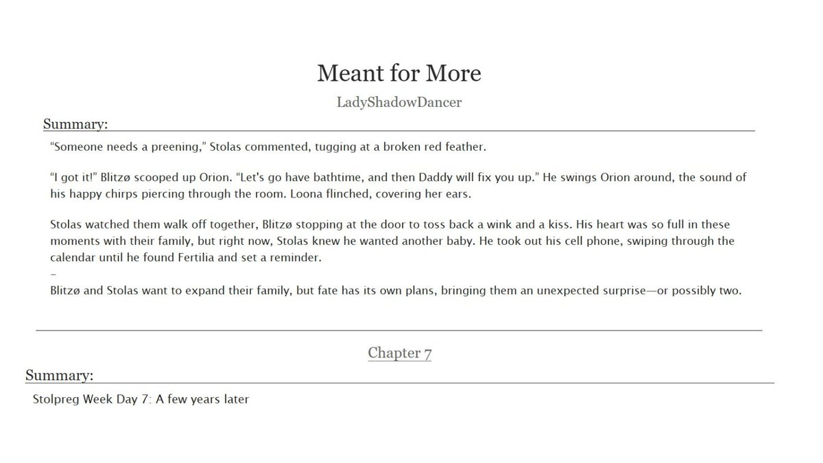 The final chapter of 𝗠𝗲𝗮𝗻𝘁 𝗳𝗼𝗿 𝗠𝗼𝗿𝗲 🪺

archiveofourown.org/works/63718933…

<a href="/StolpregWeek/">Stolpreg Week</a>