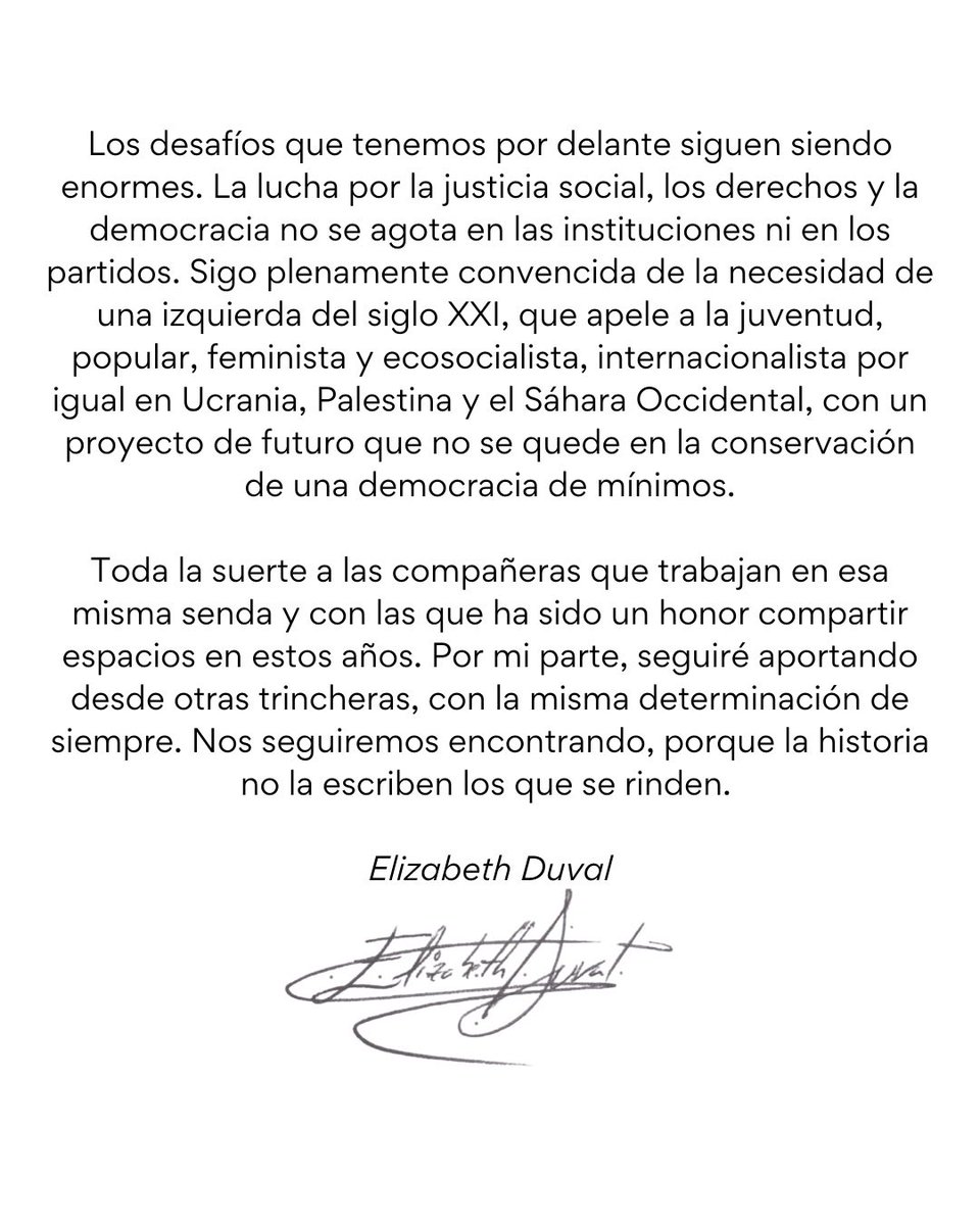He decidido no presentarme en las listas a la Asamblea y cerrar mi etapa en los órganos de dirección de Sumar.