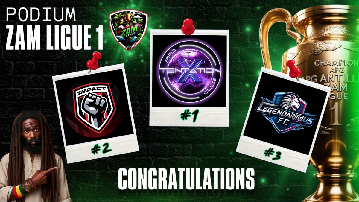 Podium Ligue 1 saison 2 Bravo au champion <a href="/xTentationCP/">x Tentation</a> au deuxième <a href="/ImpactFootball4/">Impact Football</a> et nos troisième  <a href="/LegendariousFc/">SSC Legendarious</a> 
Vive le football