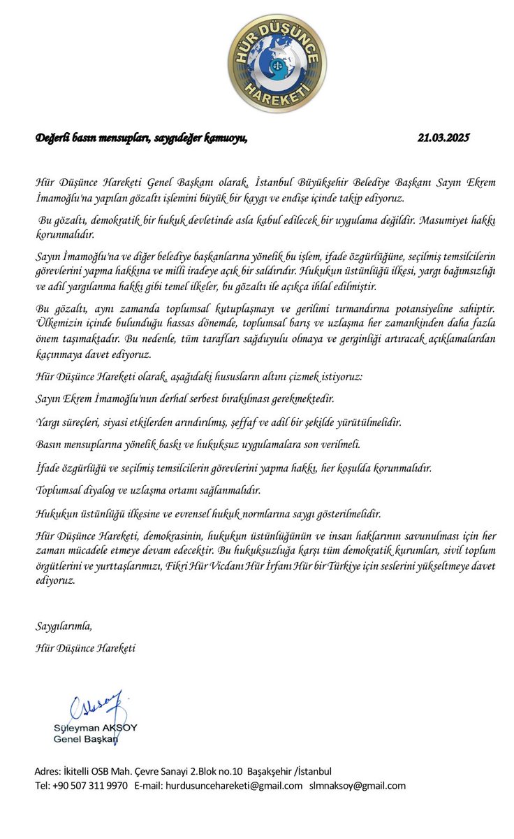 ￼  
Hür Düşünce Hareketi olarak, Son günlerde ülkemizde yaşananlar hakkındaki Basın duyurusudur. 
#adaletherkeselazım #hürdüşüncehareketi #imamoğluyalnızdeğildir