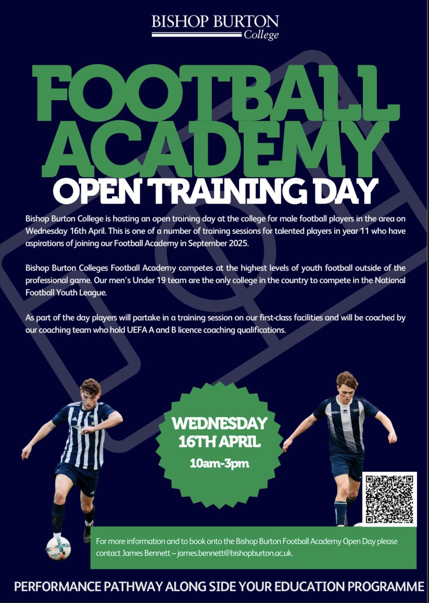 Bishop Burton Sport (@onebishopburton) on Twitter photo Our next men’s football academy trial day is Wednesday 16th April. This is for talented players that are in year 11 at school. Please use the QR code to book on or email james.bennett@bishopburton.ac.uk for more info ⚽️ Our next men’s football academy trial day is Wednesday 16th April. This is for talented players that are in year 11 at school. Please use the QR code to book on or email james.bennett@bishopburton.ac.uk for more info ⚽️