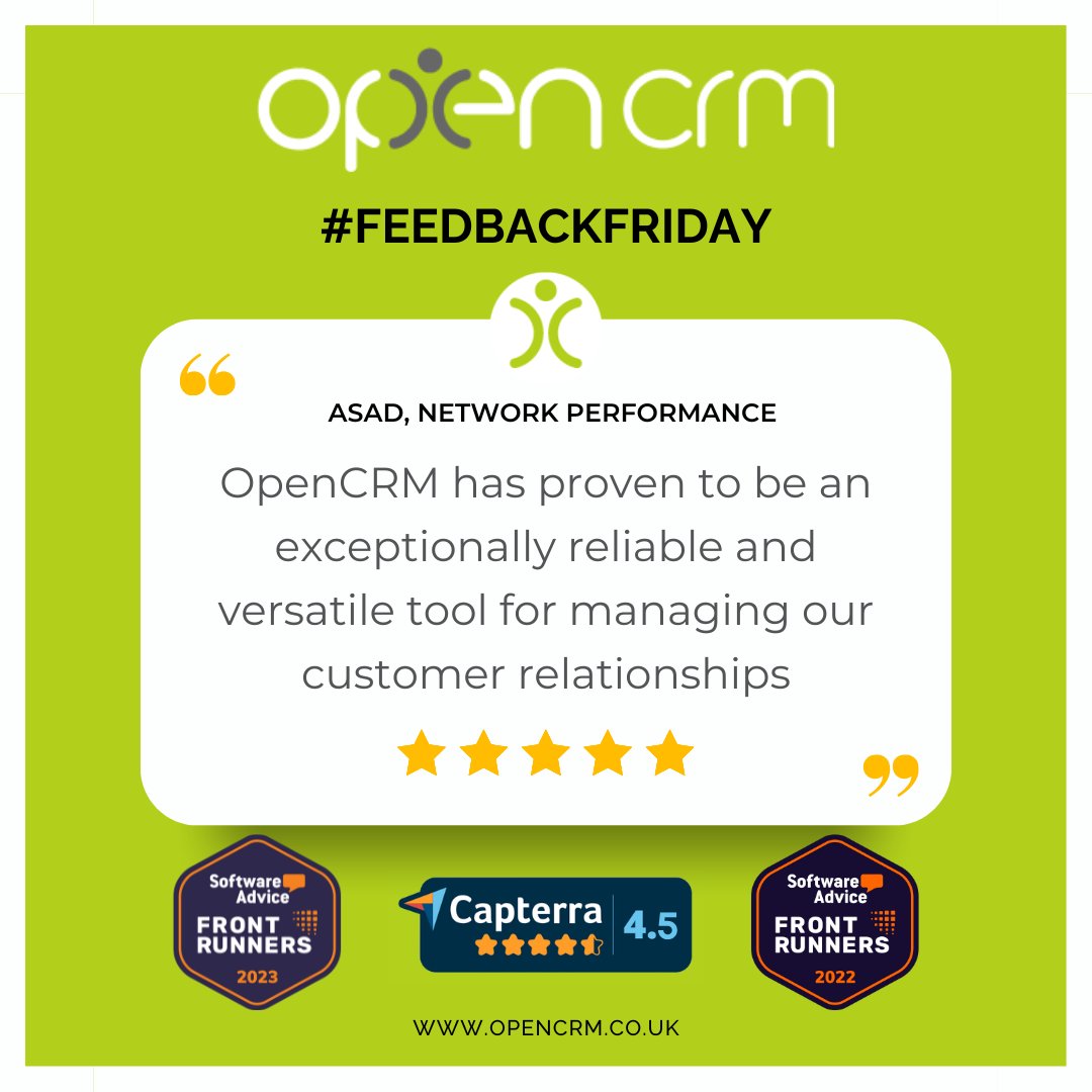 OpenCRM's tweet image. Check out this awesome review from one of our happy clients: &apos;OpenCRM has proven to be an exceptionally reliable and versatile tool for managing our customer relationships&apos; - Asad, @Capterra Review 

More here 👉 loom.ly/LIKjLmE
:
:
#CRM #CustomerTestimonial #OpenCRM