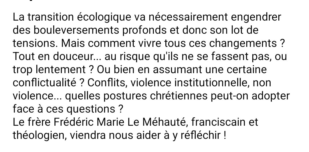 Avec <a href="/lutte_contemp/">Lutte et Contemplation</a>, nous vous invitons à la conférence "Une transition écologique sans conflits est-elle illusoire ?", avec Frédéric-Marie Le Méhauté, franciscain et théologien, le 26 mars à 20h au café Simone.