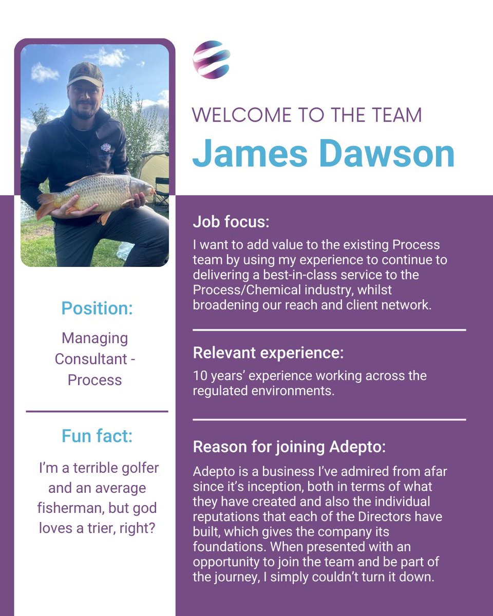 We’re excited to welcome James Dawson as Managing Consultant - Process at Adepto! 

With 10 years of experience in regulated environments, James will be adding value to our Process team and helping us continue delivering a best-in-class service to the Process/Chemical industry.