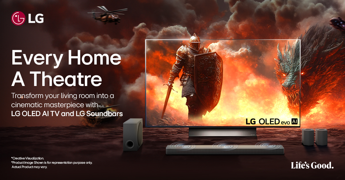 LGIndia's tweet photo. Blockbusters, sports, or gaming—whatever you love, experience it in stunning clarity &amp; cinematic sound with LG OLED AI TV &amp; LG Soundbar. 

Know more at https://t.co/1CsPBDt3nz

#LG #LGIndia #LifesGood #LGOLEDAITV #CinematicExperience #NextLevelEntertainment #HomeTheaterVibe https://t.co/nUC64UgOb9