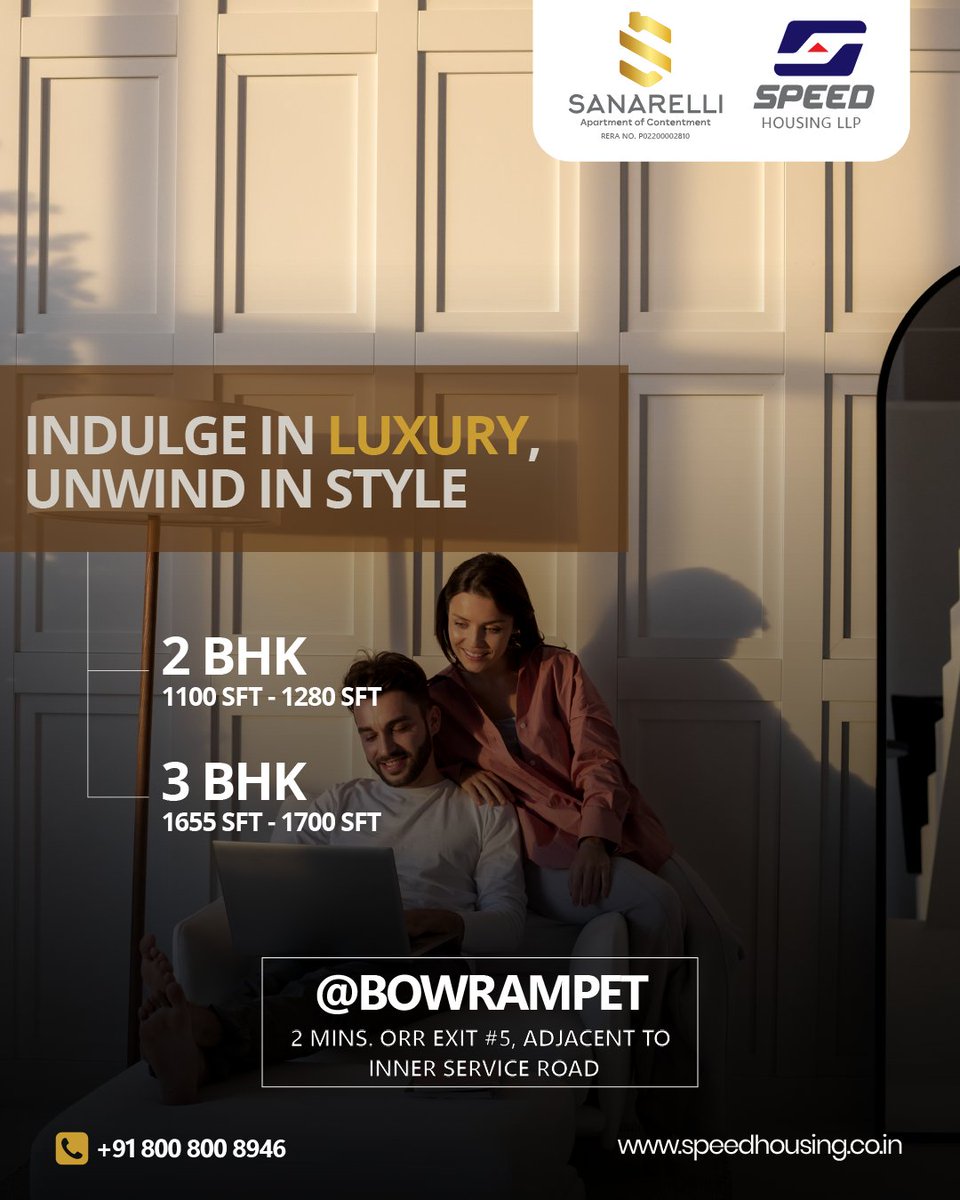 speedhousingllp's tweet photo. Spacious 2 &amp; 3 BHK flats, a modern clubhouse, world-class amenities &amp; serene vibes.

Sanarelli Apartments in Bowrampet offers the perfect lifestyle!

📞 +91-800 800 8946 | 🌐 https://t.co/qex2o3BNlO

#SanarelliApartments #GatedCommunity https://t.co/00CZiJmitq