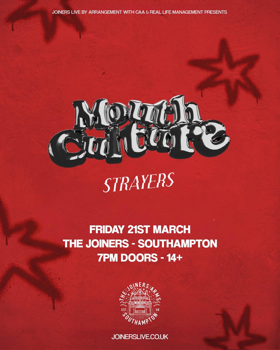 The Joiners (@joinerslive) on Twitter photo Tomorrow night ready to go off with Melodic Alt Punkers <a href="/themouthculture/">Mouth Culture</a> back in the city after supporting Kids In Glass Houses.
They'll be supported by Southampton's own Post Hardcore Grunger Crew STRAYERS
Tix still available at joinerslive.co.uk or pay on the door... Tomorrow night ready to go off with Melodic Alt Punkers <a href="/themouthculture/">Mouth Culture</a> back in the city after supporting Kids In Glass Houses.
They'll be supported by Southampton's own Post Hardcore Grunger Crew STRAYERS
Tix still available at joinerslive.co.uk or pay on the door...
