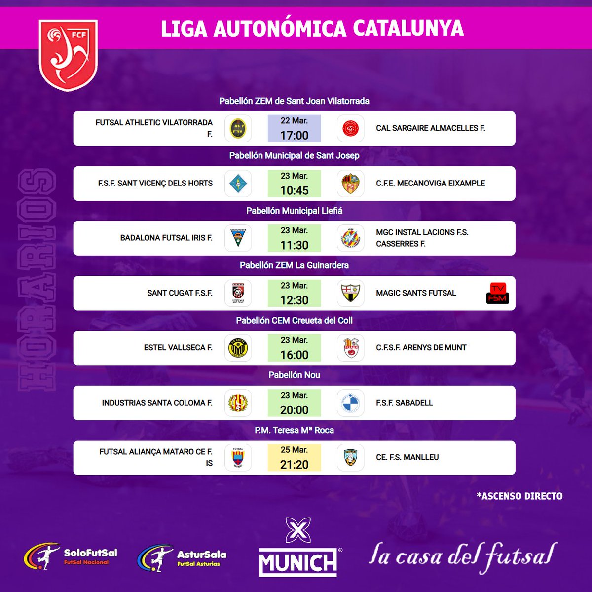Solo-FutSal (@solofutsal_) on Twitter photo 🟣 DIVISIÓN DE HONOR FEMENINA CATALUNYA
📆 18ª JORNADA / ⏰ HORARIOS
✍️ Consulta los horarios de la jornada
📎 solo-futsal.es/liga-autonomic…
🔀 Visita los perfiles de los equipos de la categoría
<a href="/Futsal_Mataro/">CE Futsal Mataró</a> <a href="/FSSabadellFem/">FS Sabadell Femení</a> <a href="/FSSANTCUGAT/">FS Sant Cugat</a> <a href="/MagicSants/">Màgic Sants Futsal</a> <a href="/AthVilatorrada/">Futsal Athletic Vilatorrada</a> #FutSalSeros 🟣 DIVISIÓN DE HONOR FEMENINA CATALUNYA
📆 18ª JORNADA / ⏰ HORARIOS
✍️ Consulta los horarios de la jornada
📎 solo-futsal.es/liga-autonomic…
🔀 Visita los perfiles de los equipos de la categoría
<a href="/Futsal_Mataro/">CE Futsal Mataró</a> <a href="/FSSabadellFem/">FS Sabadell Femení</a> <a href="/FSSANTCUGAT/">FS Sant Cugat</a> <a href="/MagicSants/">Màgic Sants Futsal</a> <a href="/AthVilatorrada/">Futsal Athletic Vilatorrada</a> #FutSalSeros