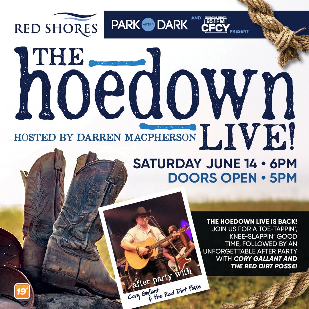 Red Shores 19+ (@red_shores) on Twitter photo The Hoedown Live is back! ๐ค
Weโre thrilled to be partnering with <a href="/cfcy/">95.1 FM CFCY</a> for the 3rd annual Hoedown Live on Saturday, June 14th at Red Shores Charlottetown. ๐ถ
Tickets go on sale this morning at 11:00am. Get yours here: redshores.ca/the-hoedown-liโฆ The Hoedown Live is back! ๐ค
Weโre thrilled to be partnering with <a href="/cfcy/">95.1 FM CFCY</a> for the 3rd annual Hoedown Live on Saturday, June 14th at Red Shores Charlottetown. ๐ถ
Tickets go on sale this morning at 11:00am. Get yours here: redshores.ca/the-hoedown-liโฆ