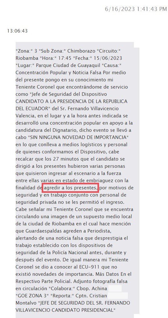🚨URGENTE - MUY GRAVE 
Chats de Fernando Villavicencio con su Seguridad 

La Fiscal General Diana Salazar y la <a href="/PoliciaEcuador/">Policía Ecuador</a> MINTIERON al Pais, siempre supieron quienes amenazaron a Fernando Villavicencio 7 días antes de su asesinato y NO hicieron nada.

Pero utilizaron su