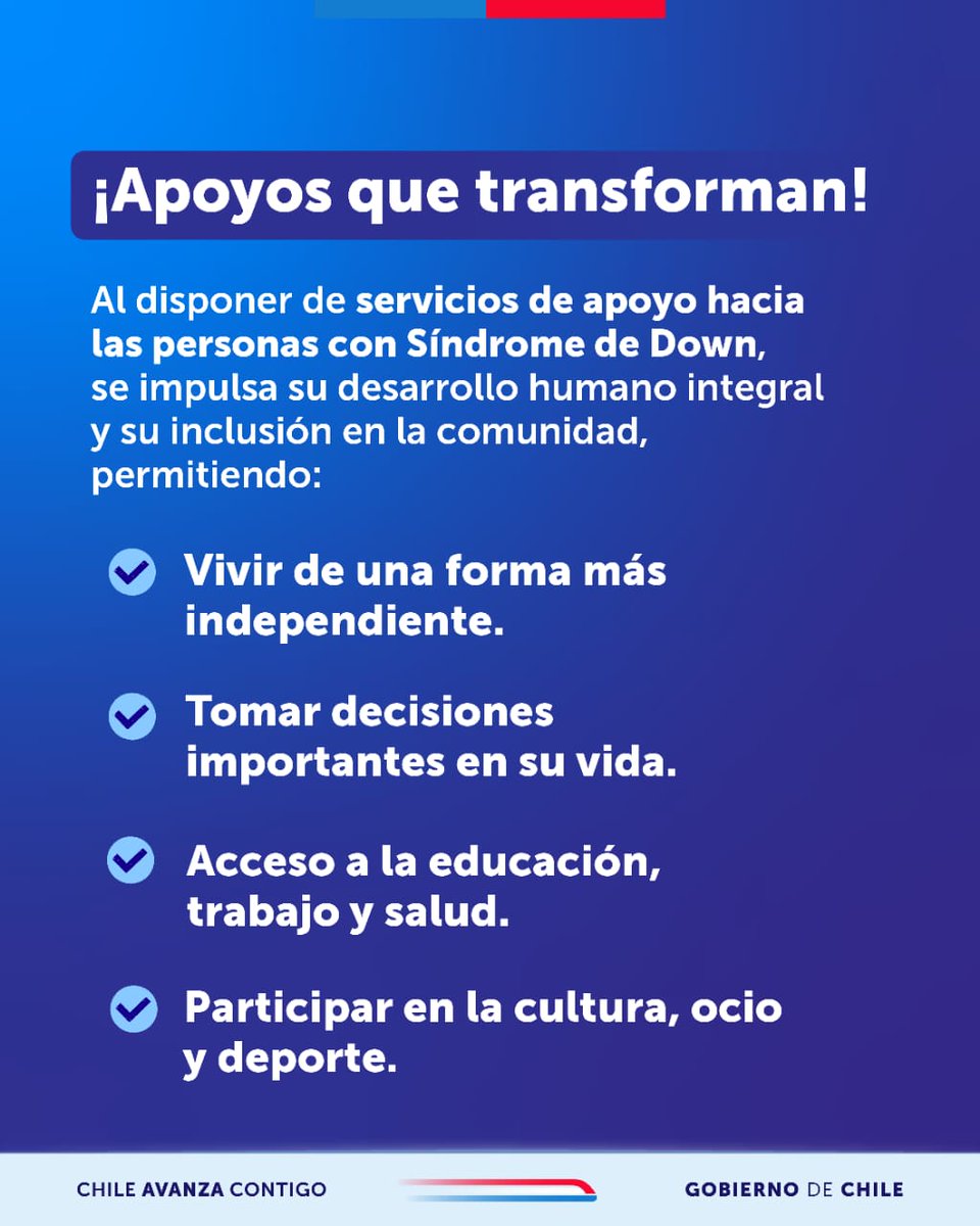 ¡Apoyos que transforman!
Destacamos el impacto positivo en las personas con síndrome de Down, cuando se disponen de servicios de apoyo que permiten llevar una vida más independiente, autónoma y participativa en la sociedad. 👏

#ChileInclusivo
#DíaMundialdelSíndromeDeDown