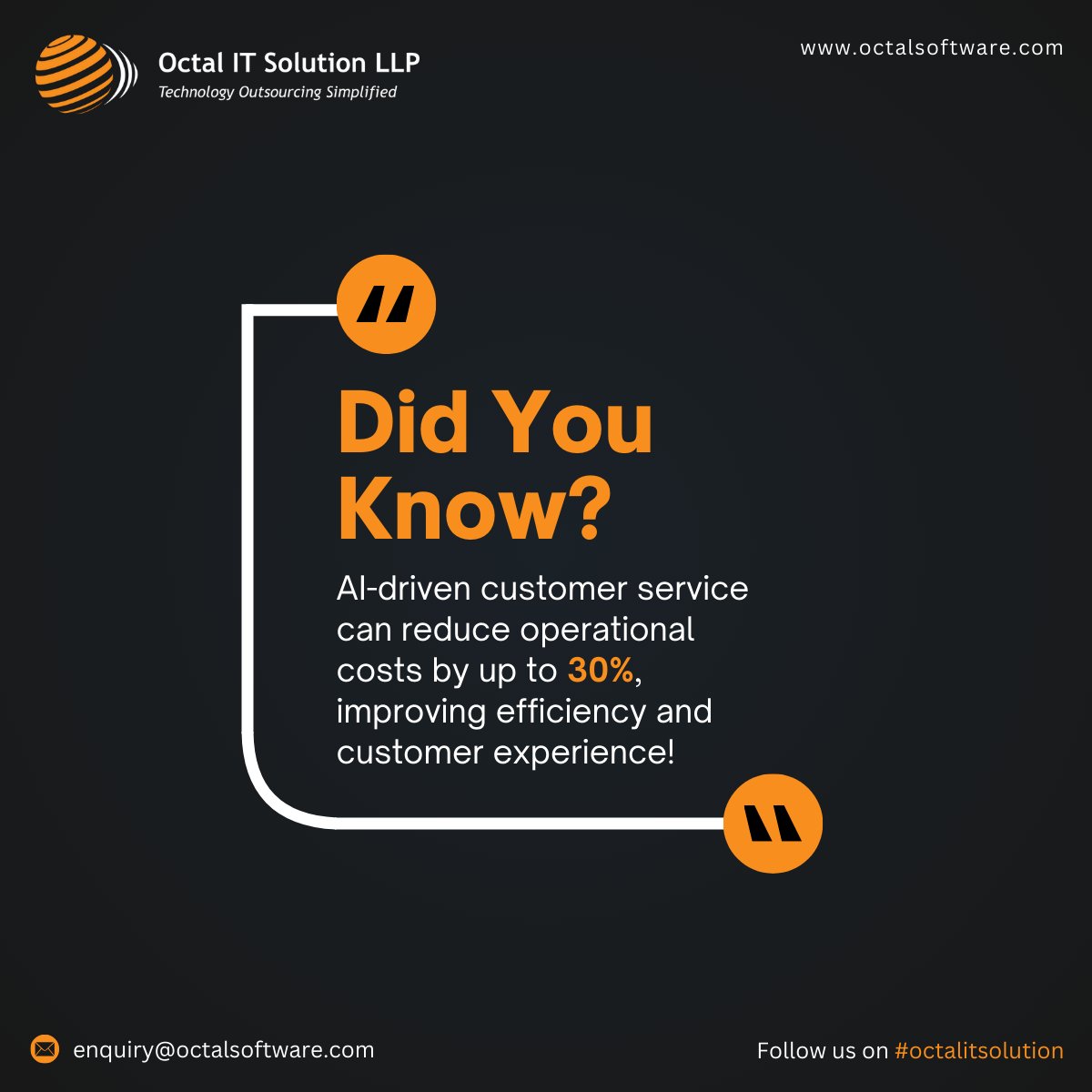 octalitsolution's tweet image. Did you know? AI-driven customer service can reduce operational costs by up to 30%, while boosting efficiency and enhancing customer experience! 📈✨
#AI #CustomerService #Automation #BusinessGrowth #TechInnovation #OctalITSolution