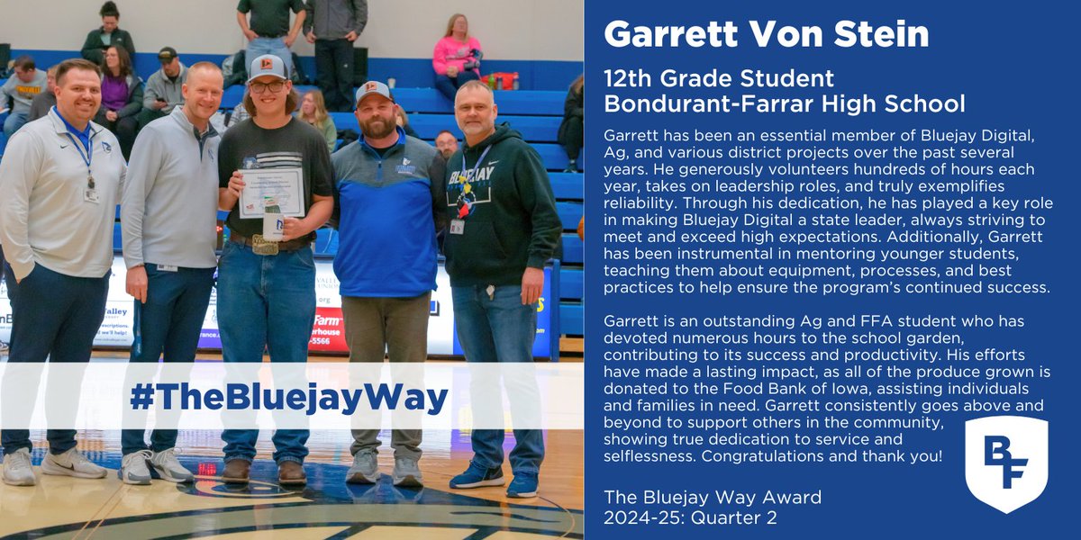 Bondurant-Farrar CSD (@bf_district) on Twitter photo On February 13, <a href="/BF_HighSchool/">Bondurant-Farrar High School</a> student Garrett Von Stein was presented with the Bluejay Way Community Partner Award for his involvement in a number of programs such as Bluejay Digital, Agriculture & FFA, and the student-built construction home! ๐๐ฅณ
#WeAreBondurantFarrar ๐ On February 13, <a href="/BF_HighSchool/">Bondurant-Farrar High School</a> student Garrett Von Stein was presented with the Bluejay Way Community Partner Award for his involvement in a number of programs such as Bluejay Digital, Agriculture & FFA, and the student-built construction home! ๐๐ฅณ
#WeAreBondurantFarrar ๐